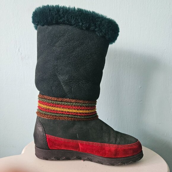 Vintage Cougar Leather Winter Snow Boots Shoe Canada Green mukluk Faux fur lined - Picture 7 of 11
